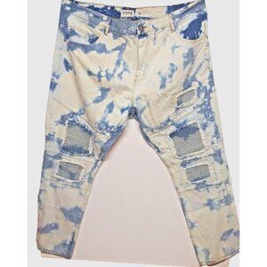 FWRD jeans mens ripped motocross denim 50x33 bleached patches blue white straigh